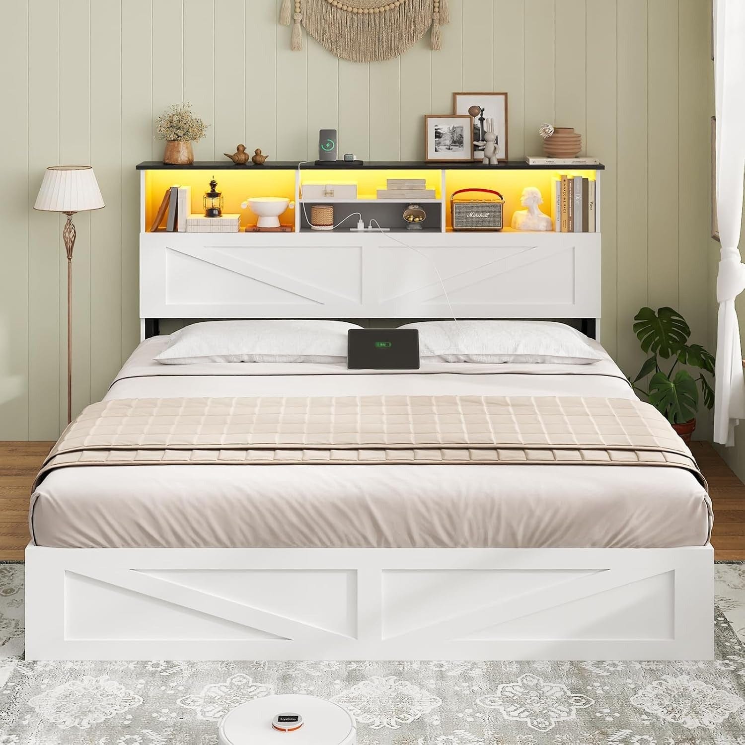 AOGLLATI Bed Frame AOGLLATI Wooden Led Twin Bed Frame with 4 Storage Drawers and Charging Station,, White