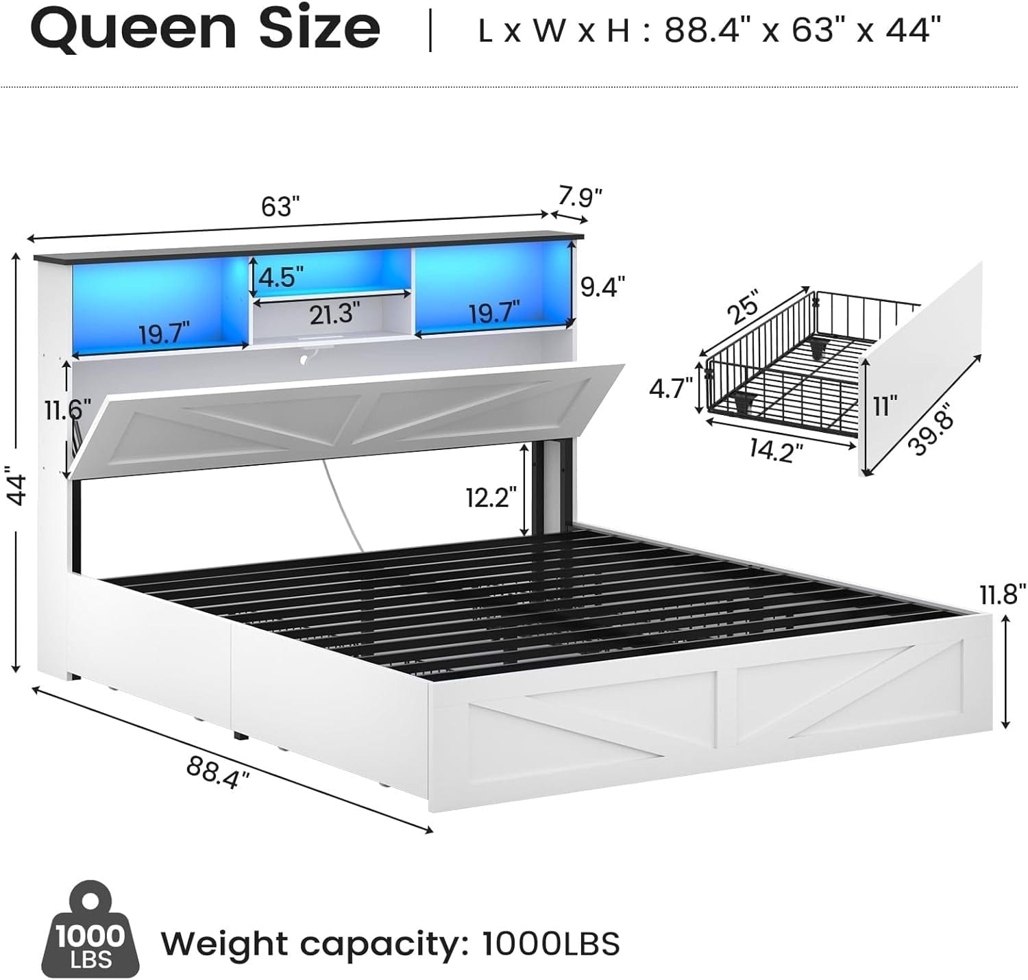 AOGLLATI Bed Frame AOGLLATI Wooden Led Twin Bed Frame with 4 Storage Drawers and Charging Station,, White