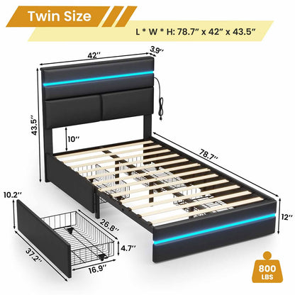 AOGLLATI Bed Frame Black / 人造皮革 / Modern AOGLLATI LED Bed Frames with 4 Storage Drawers & Headboard Black