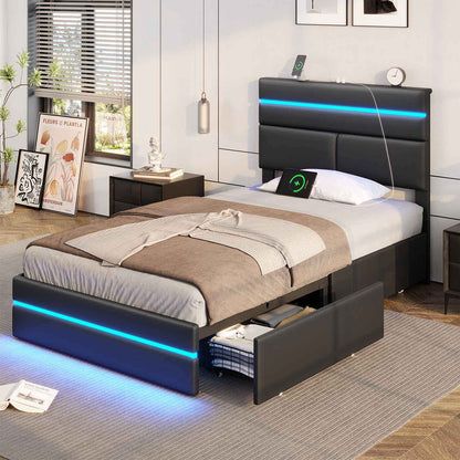 AOGLLATI Bed Frame Black / 人造皮革 / Modern AOGLLATI LED Bed Frames with 4 Storage Drawers & Headboard Black