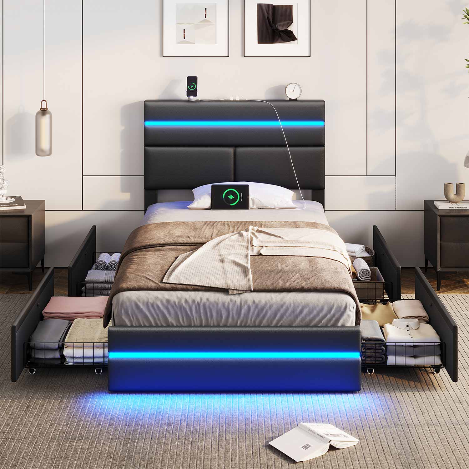AOGLLATI Bed Frame Black / 人造皮革 / Modern AOGLLATI LED Bed Frames with 4 Storage Drawers & Headboard Black