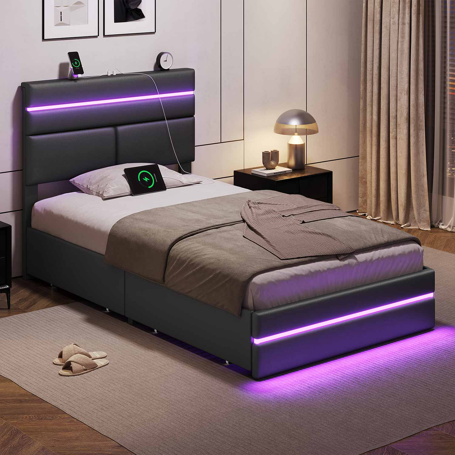 AOGLLATI Bed Frame Black / 人造皮革 / Modern AOGLLATI LED Bed Frames with 4 Storage Drawers & Headboard Black