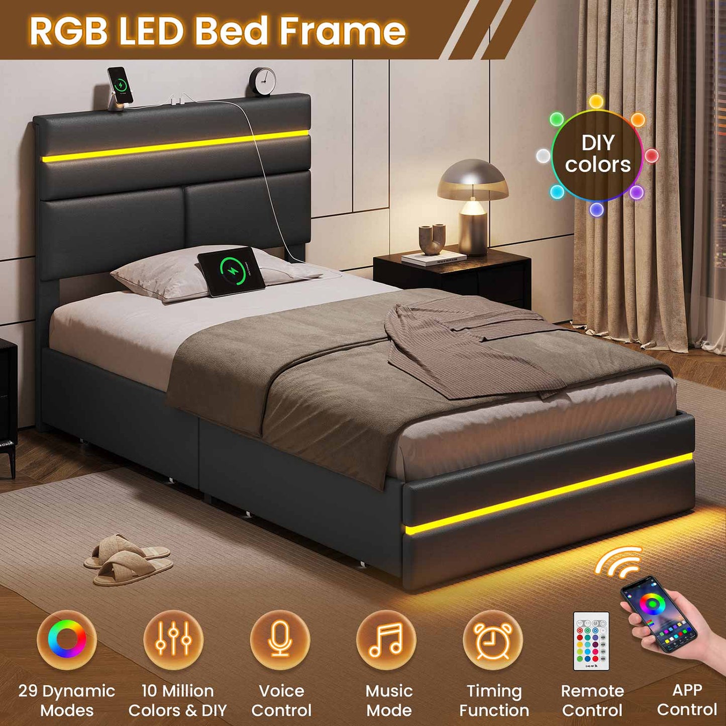 AOGLLATI Bed Frame Black / 人造皮革 / Modern AOGLLATI LED Bed Frames with 4 Storage Drawers & Headboard Black