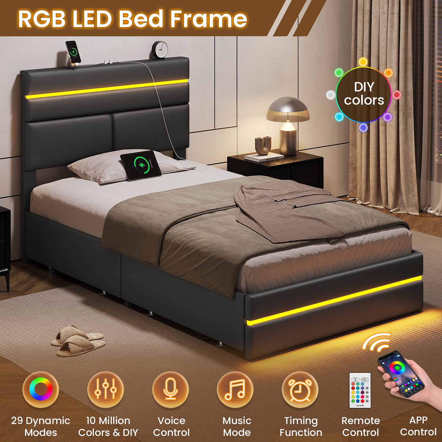 AOGLLATI Bed Frame Black / 人造皮革 / Modern AOGLLATI LED Bed Frames with 4 Storage Drawers & Headboard Black