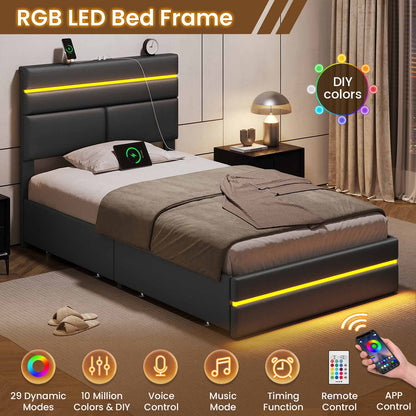 AOGLLATI Bed Frame Black / 人造皮革 / Modern AOGLLATI LED Bed Frames with 4 Storage Drawers & Headboard Black