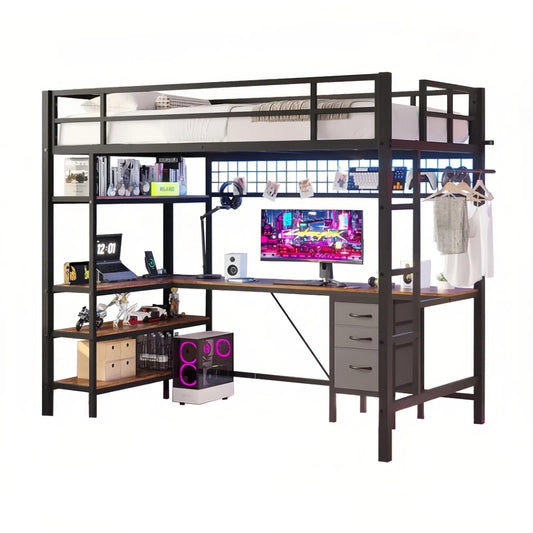 AOGLLATI Bed Frame Black / Modern / Metal Metal Loft Bed with Drawers Black