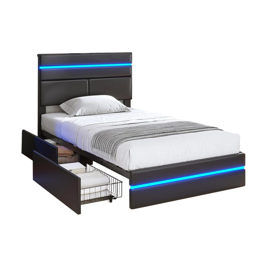 AOGLLATI Bed Frame Black / PU Leather / Modern LED Black Bed Frame with Drawers