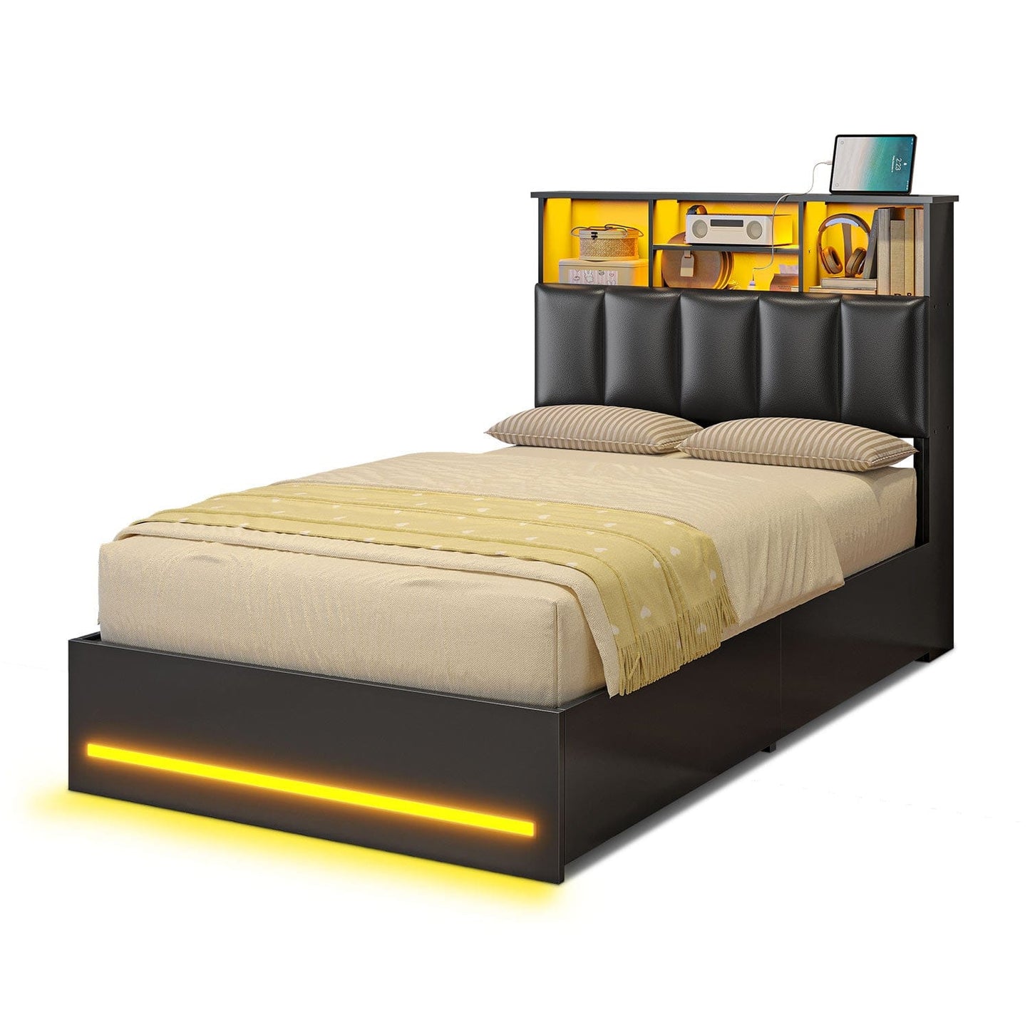 AOGLLATI Bed Frame Black / Twin Wooden Bed Frame Twin Size with Bookcase Headboard Black