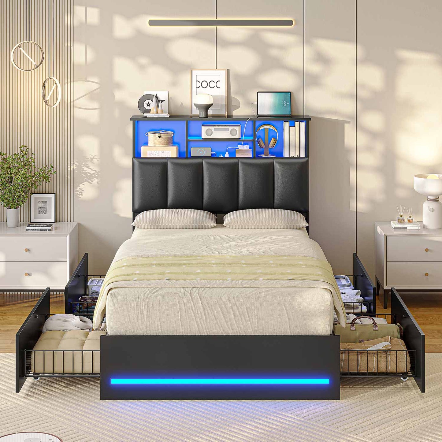 AOGLLATI Bed Frame Black / Twin Wooden Bed Frame Twin Size with Bookcase Headboard Black