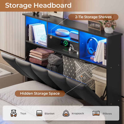 AOGLLATI Bed Frame Black / Twin Wooden Bed Frame Twin Size with Bookcase Headboard Black