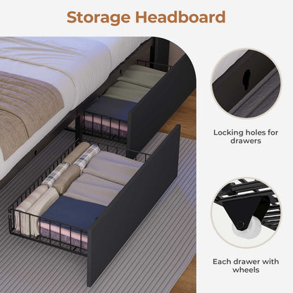 AOGLLATI Bed Frame Black / Twin Wooden Bed Frame Twin Size with Bookcase Headboard Black