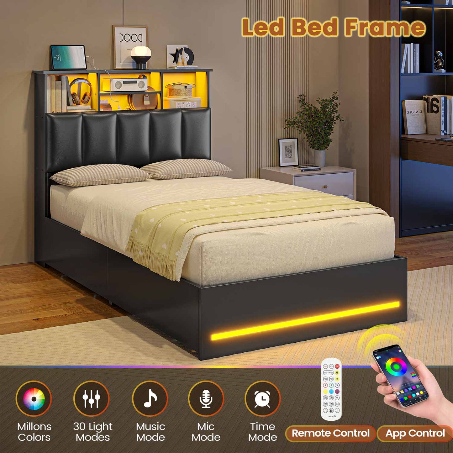 AOGLLATI Bed Frame Black / Twin Wooden Bed Frame Twin Size with Bookcase Headboard Black