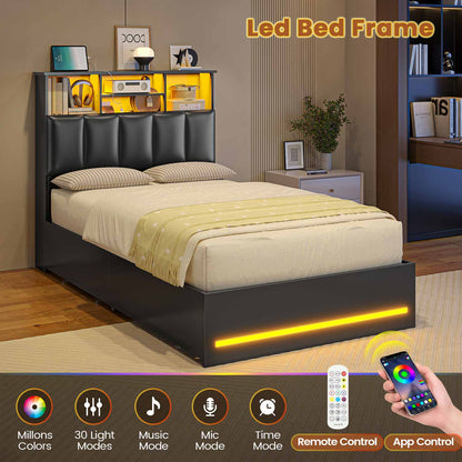 AOGLLATI Bed Frame Black / Twin Wooden Bed Frame Twin Size with Bookcase Headboard Black