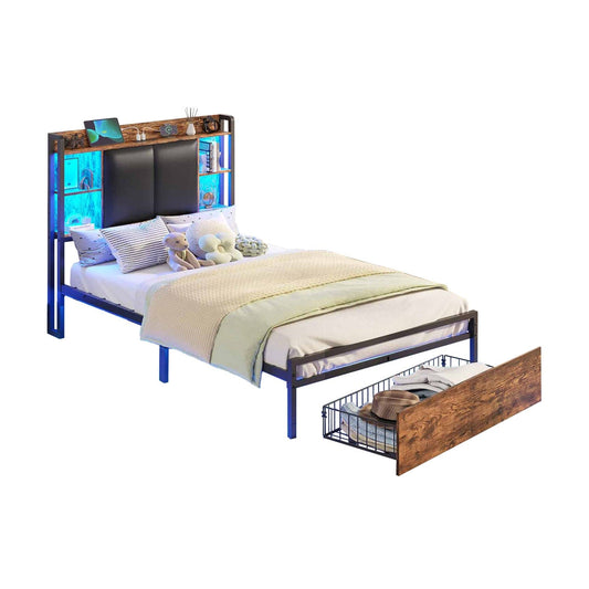 AOGLLATI Bed Frame Brown / Twin Bed with 4 Drawers / Metal LED Bed Frame Vintage Brown