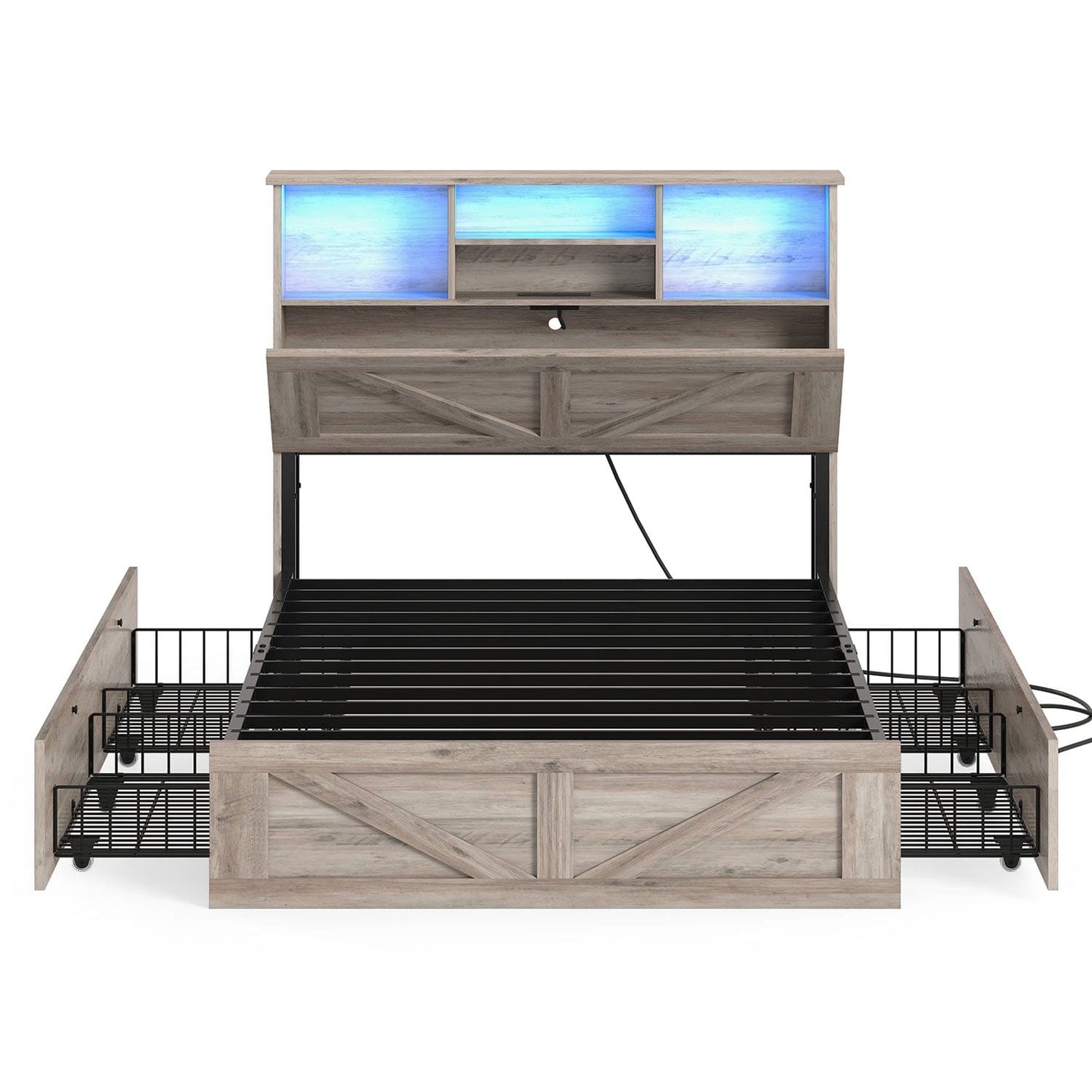 AOGLLATI Bed Frame Farmhouse Wooden Led Twin Bed Frame with Charging Station Gray
