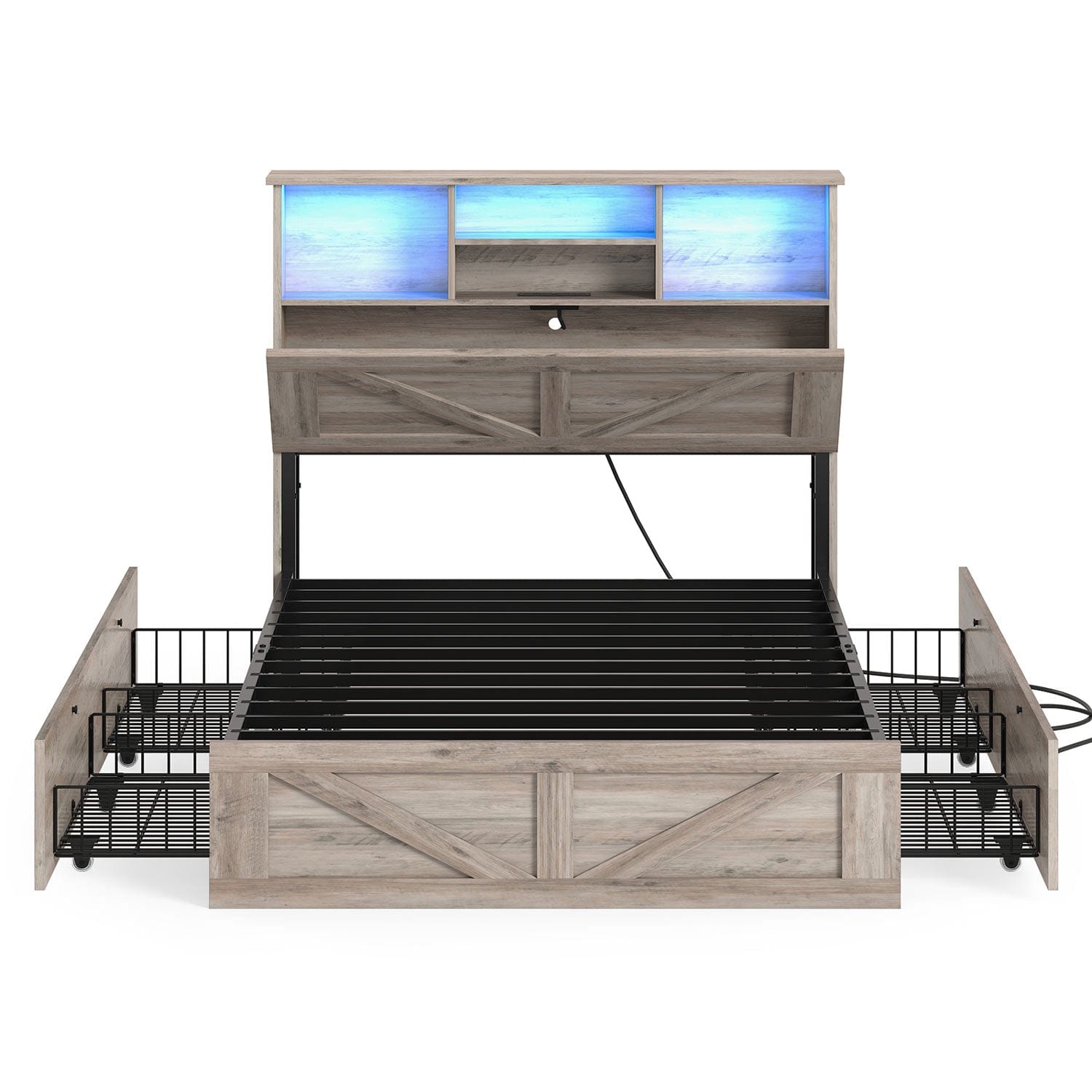 AOGLLATI Bed Frame Farmhouse Wooden Led Twin Bed Frame with Charging Station Gray