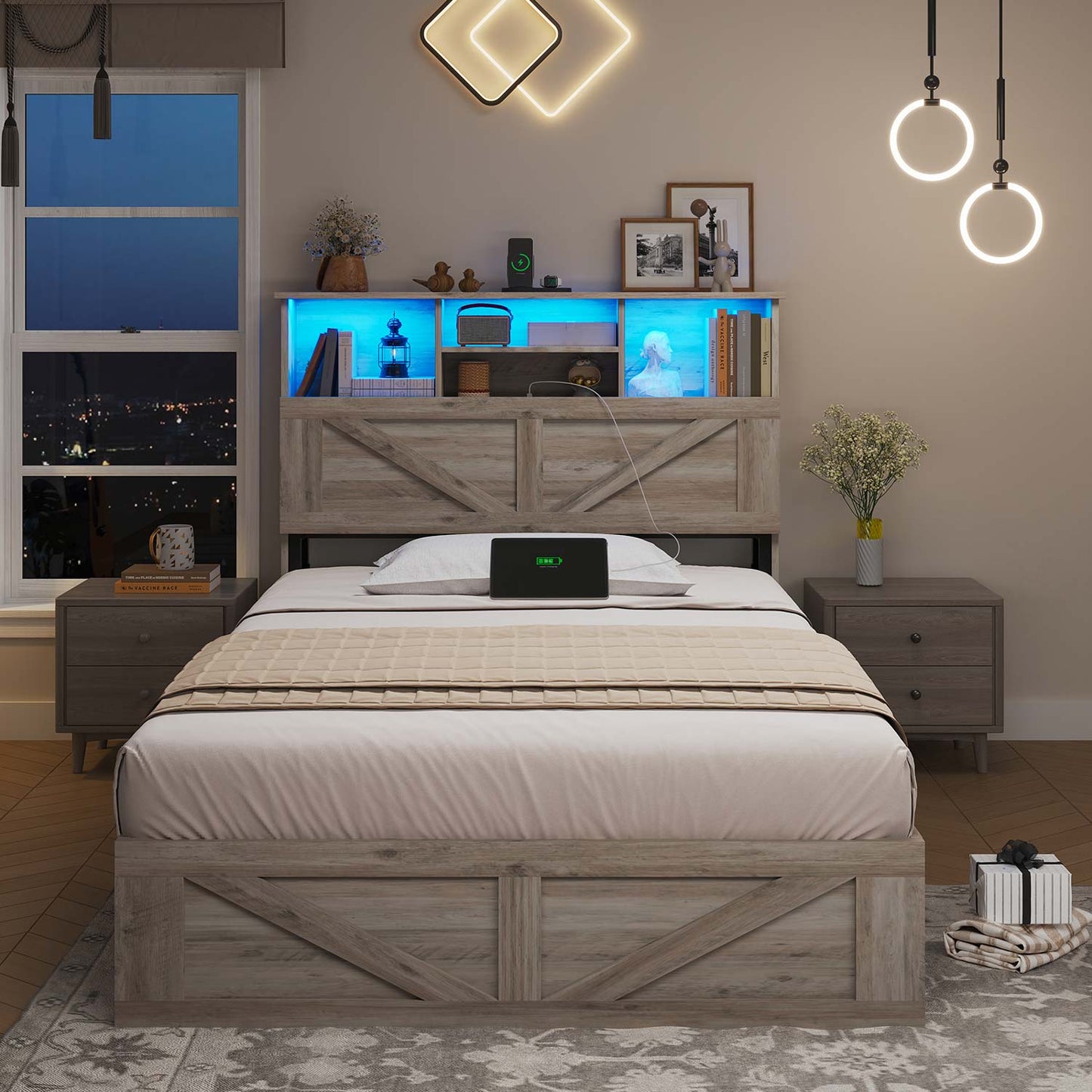 AOGLLATI Bed Frame Farmhouse Wooden Led Twin Bed Frame with Charging Station Gray