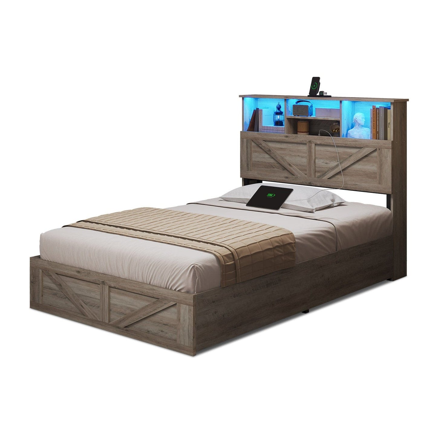 AOGLLATI Bed Frame Farmhouse Wooden Led Twin Bed Frame with Charging Station Gray