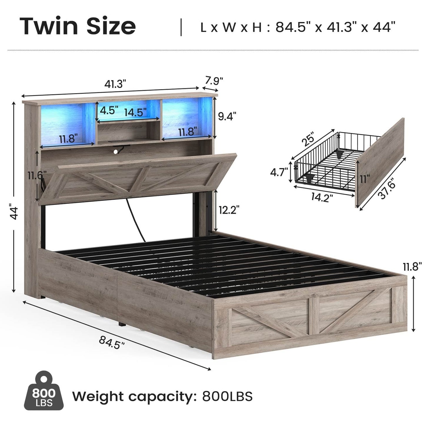 AOGLLATI Bed Frame Farmhouse Wooden Led Twin Bed Frame with Charging Station Gray