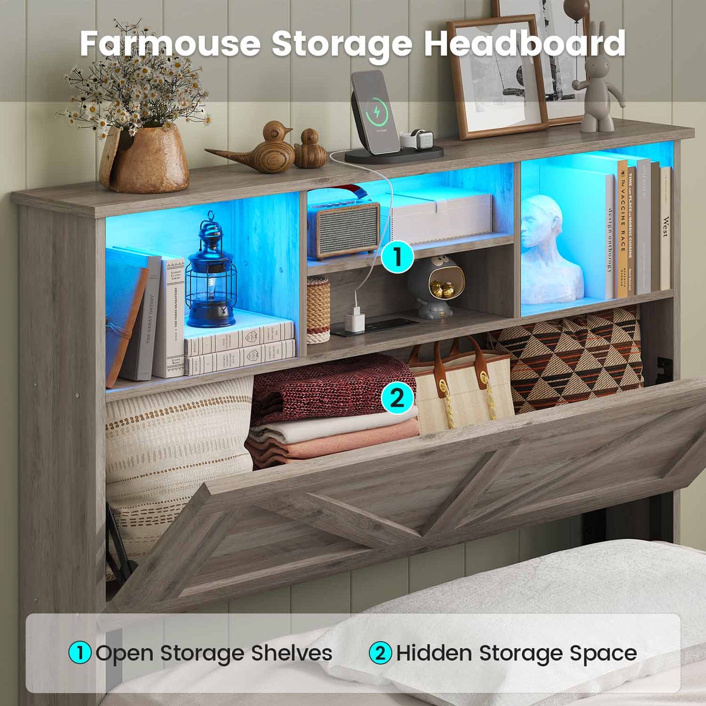 AOGLLATI Bed Frame Farmhouse Wooden Led Twin Bed Frame with Charging Station Gray