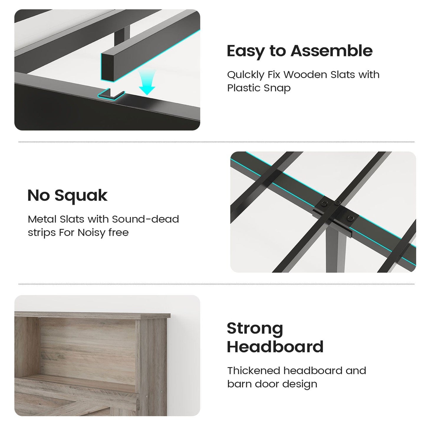 AOGLLATI Bed Frame Farmhouse Wooden Led Twin Bed Frame with Charging Station Gray