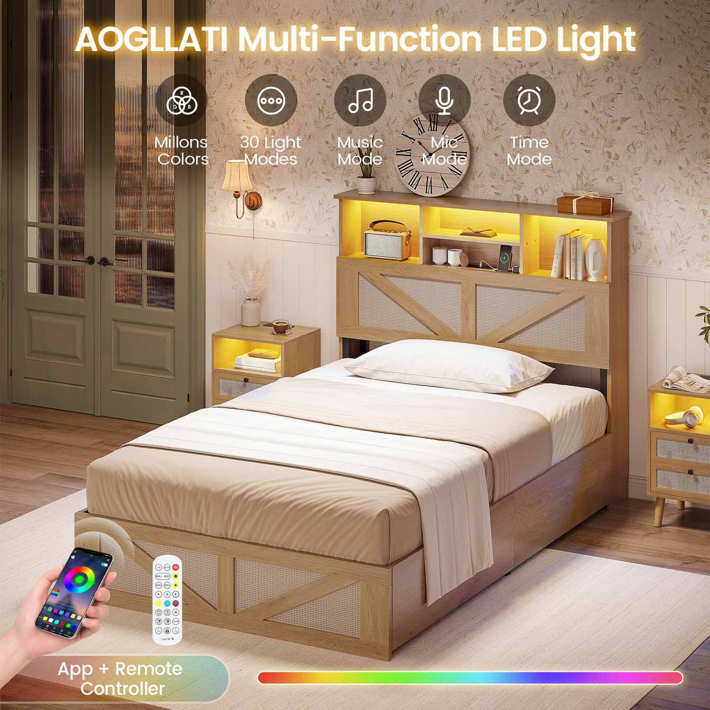 AOGLLATI Bed Frame Full Size Bed Frame with 4 Drawers & 2-Tier Bookcase Hidden Headboard Wood