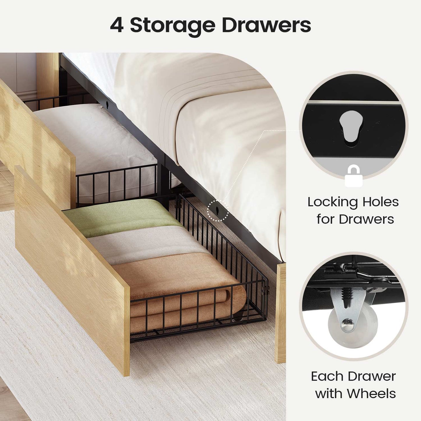 AOGLLATI Bed Frame Full Size Bed Frame with 4 Drawers & 2-Tier Bookcase Hidden Headboard Wood