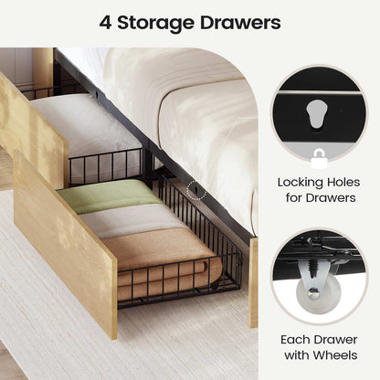 AOGLLATI Bed Frame Full Size Bed Frame with 4 Drawers & 2-Tier Bookcase Hidden Headboard Wood