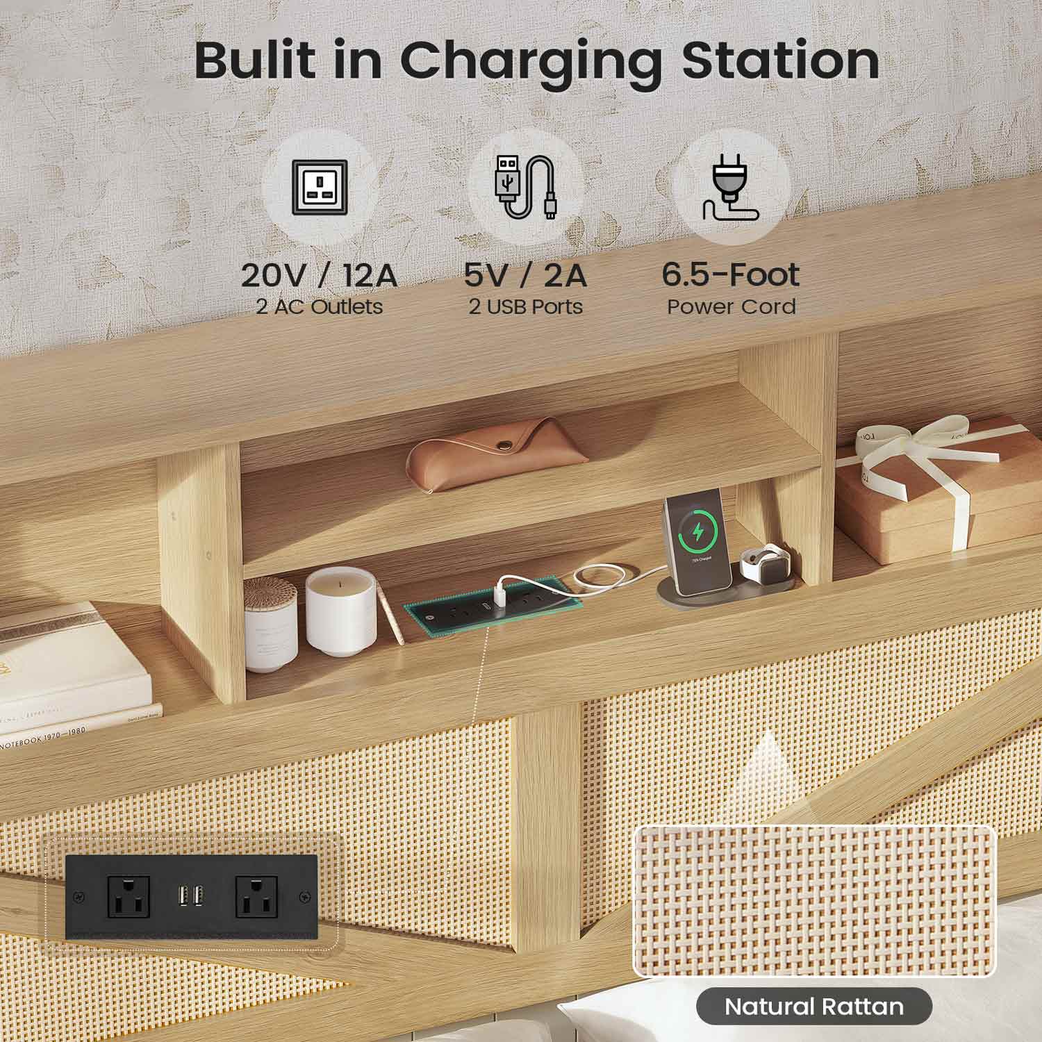 AOGLLATI Bed Frame Full Size Bed Frame with 4 Drawers & 2-Tier Bookcase Hidden Headboard Wood