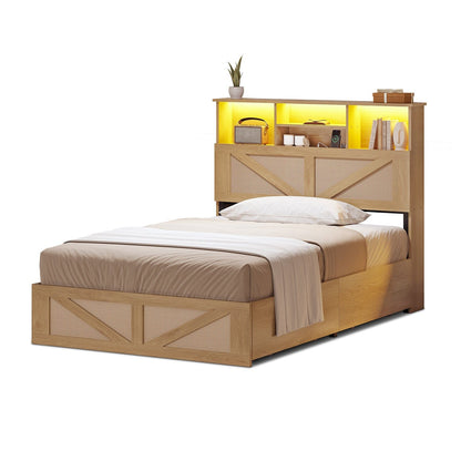 AOGLLATI Bed Frame Full Size Bed Frame with 4 Drawers & 2-Tier Bookcase Hidden Headboard Wood