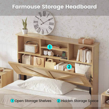 AOGLLATI Bed Frame Full Size Bed Frame with 4 Drawers & 2-Tier Bookcase Hidden Headboard Wood