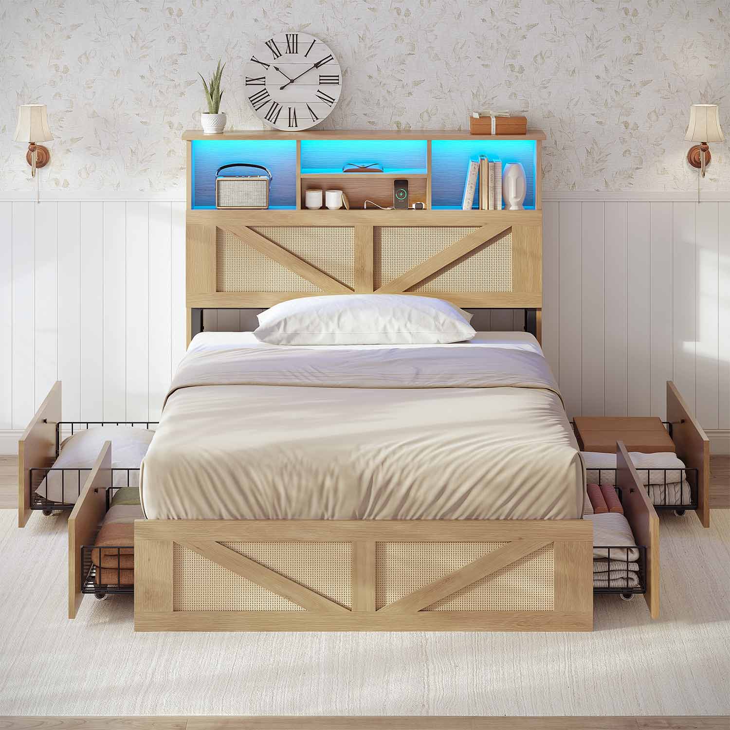 AOGLLATI Bed Frame Full Size Bed Frame with 4 Drawers & 2-Tier Bookcase Hidden Headboard Wood