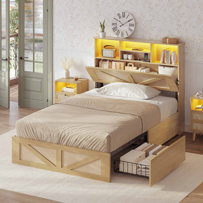 AOGLLATI Bed Frame Full Size Bed Frame with 4 Drawers & 2-Tier Bookcase Hidden Headboard Wood