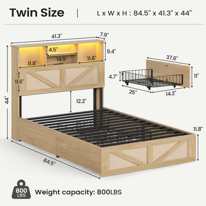 AOGLLATI Bed Frame Full Size Bed Frame with 4 Drawers & 2-Tier Bookcase Hidden Headboard Wood