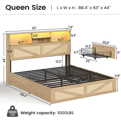 AOGLLATI Bed Frame Full Size Bed Frame with 4 Drawers & 2-Tier Bookcase Hidden Headboard Wood