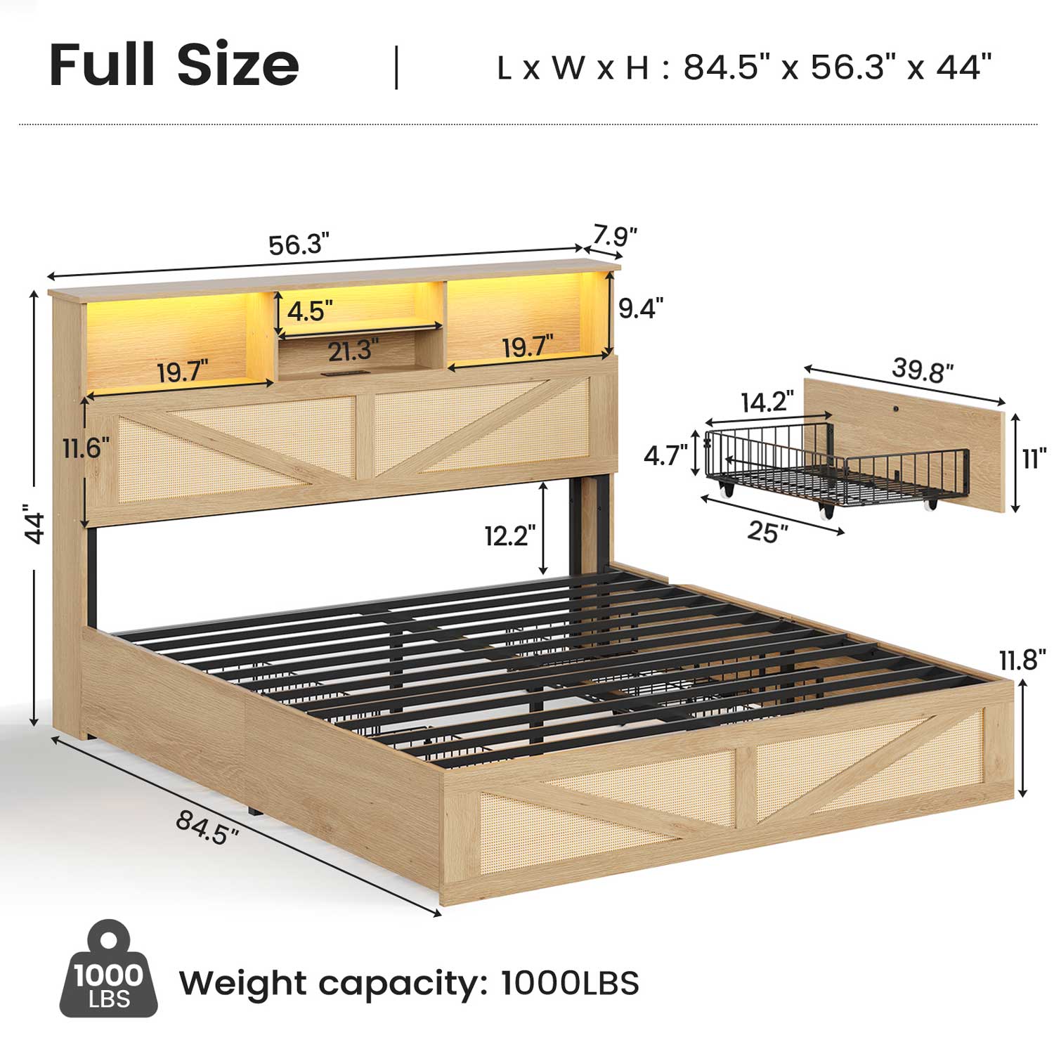 AOGLLATI Bed Frame Full Size Bed Frame with 4 Drawers & 2-Tier Bookcase Hidden Headboard Wood