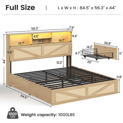AOGLLATI Bed Frame Full Size Bed Frame with 4 Drawers & 2-Tier Bookcase Hidden Headboard Wood