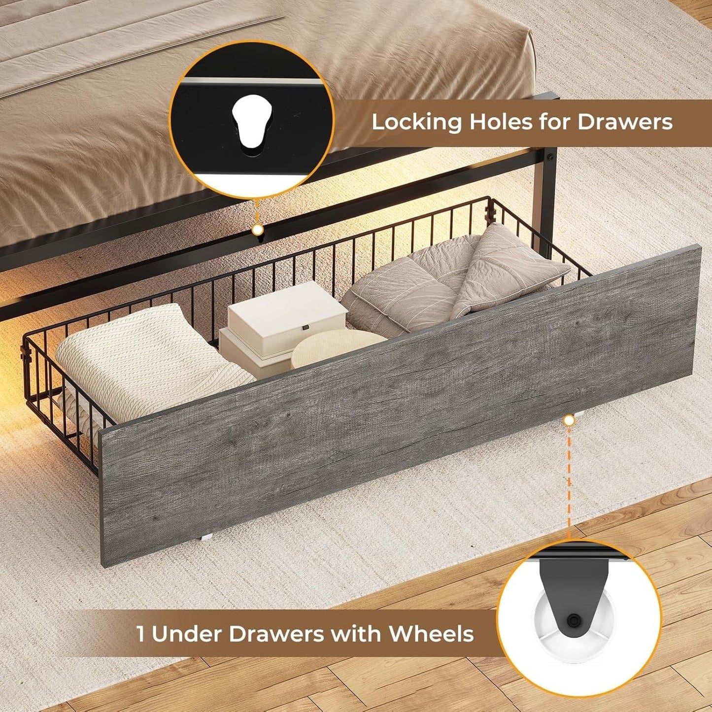AOGLLATI Bed Frame Grey / Twin Bed with 4 Drawers / Metal LED Bed Frame Grey