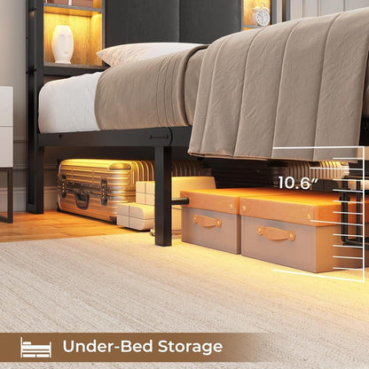 AOGLLATI Bed Frame Grey / Twin Bed with 4 Drawers / Metal LED Bed Frame Grey