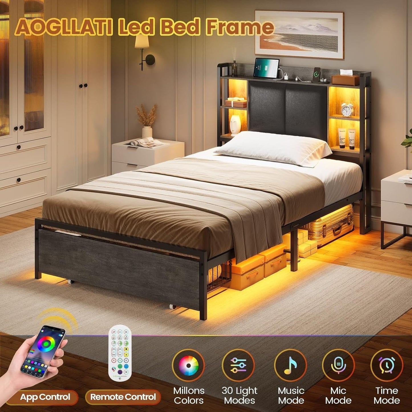 AOGLLATI Bed Frame Grey / Twin Bed with 4 Drawers / Metal LED Bed Frame Grey