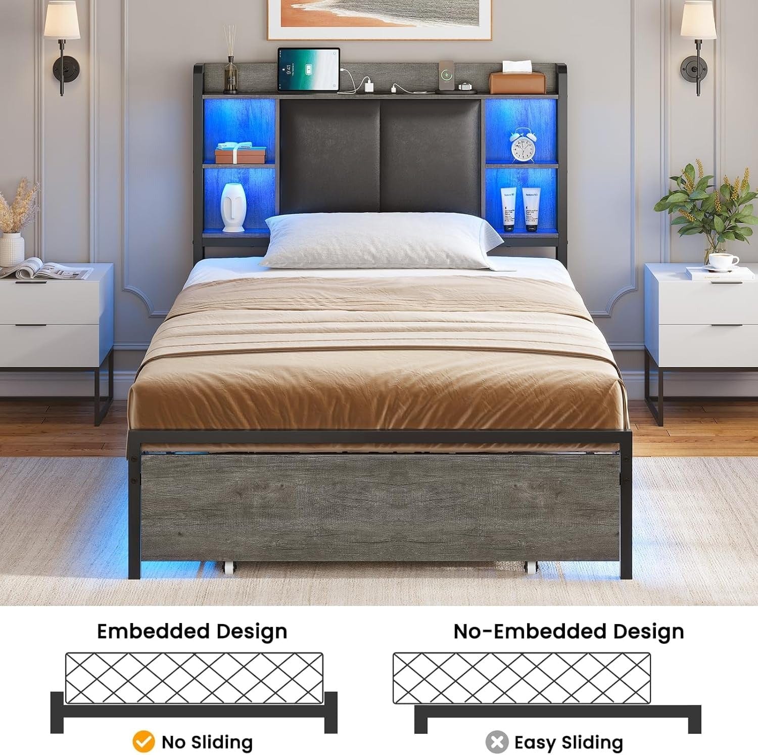 AOGLLATI Bed Frame Grey / Twin Bed with 4 Drawers / Metal LED Bed Frame Grey