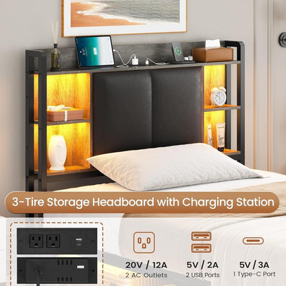 AOGLLATI Bed Frame Grey / Twin Bed with 4 Drawers / Metal LED Bed Frame Grey