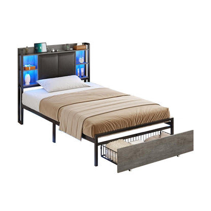 AOGLLATI Bed Frame Grey / Twin Bed with 4 Drawers / Metal LED Bed Frame Grey