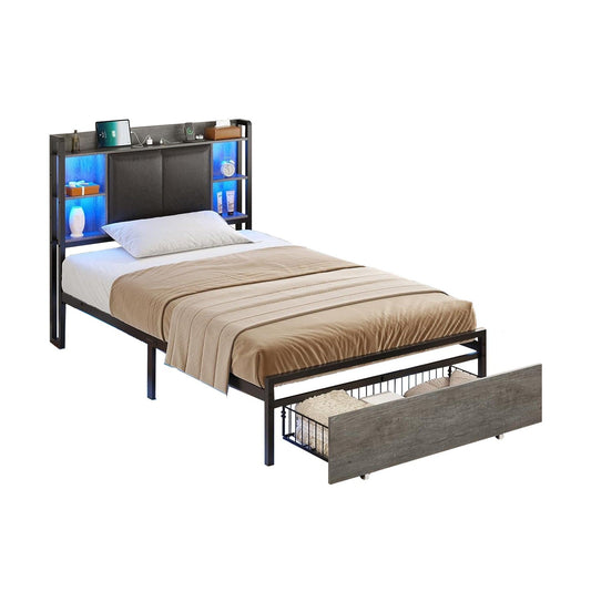 AOGLLATI Bed Frame Grey / Twin Bed with 4 Drawers / Metal LED Bed Frame Grey