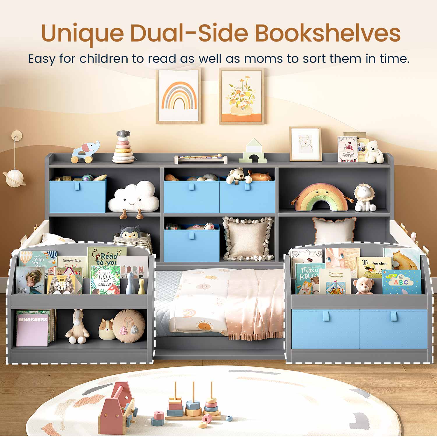 AOGLLATI Bed Frame Grey / Twin Twin Floor Bed Frame with Both Sides Bookshelf Grey