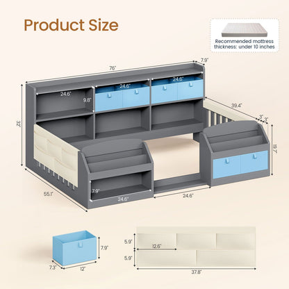 AOGLLATI Bed Frame Grey / Twin Twin Floor Bed Frame with Both Sides Bookshelf Grey