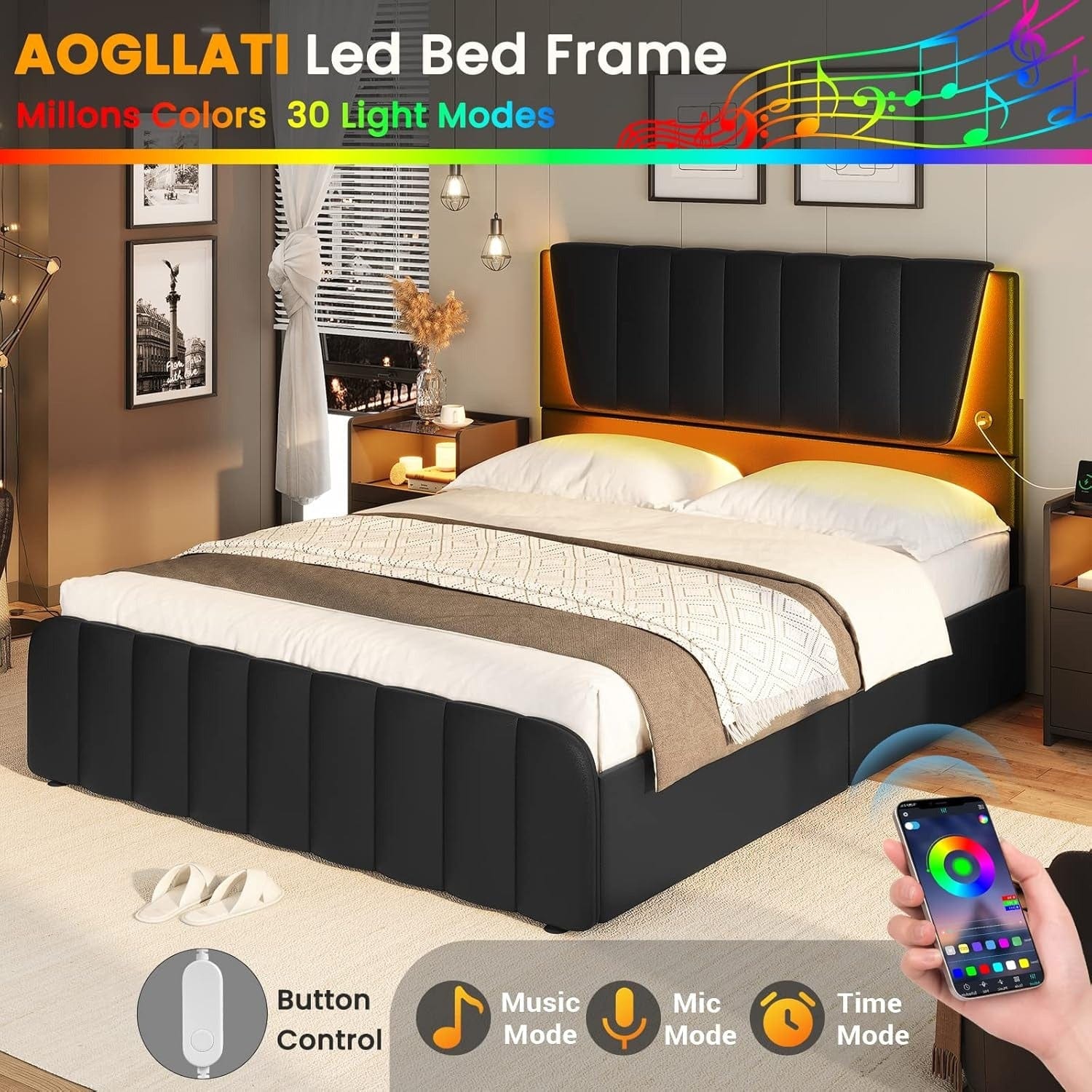 AOGLLATI Bed Frame Led Platform Bed Frame Black