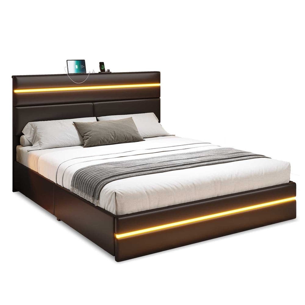 AOGLLATI Bed Frame Metal Bed Frame with LED Lights Headboard & 4 Drawers