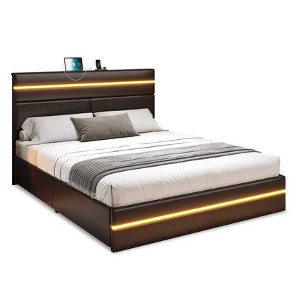 AOGLLATI Bed Frame Metal Bed Frame with LED Lights Headboard & 4 Drawers