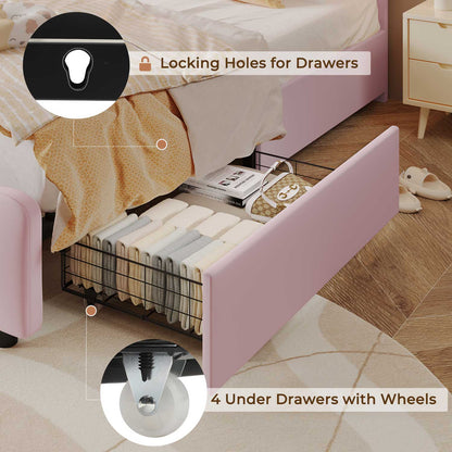 AOGLLATI Bed Frame Pink / Twin Bed with 4 Drawers / Engineered Wood AOGLLATI Bed Frame with 4 Drawers, Upholstered LED Bed Frame with Adjustable Flowers Headboard Pink